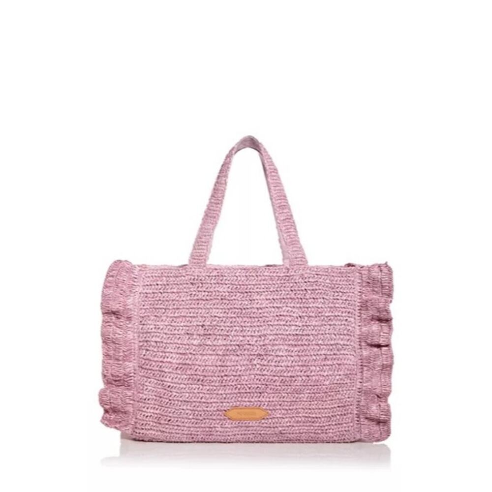 NWT Poolside Lilac Purple Raffia Tote Bag Open Top Ruffle Detail